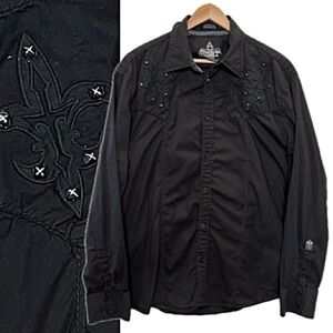 Roar Black Embroidered Studded Fleur De Lis Button Down Shirt Mens Size XL Goth